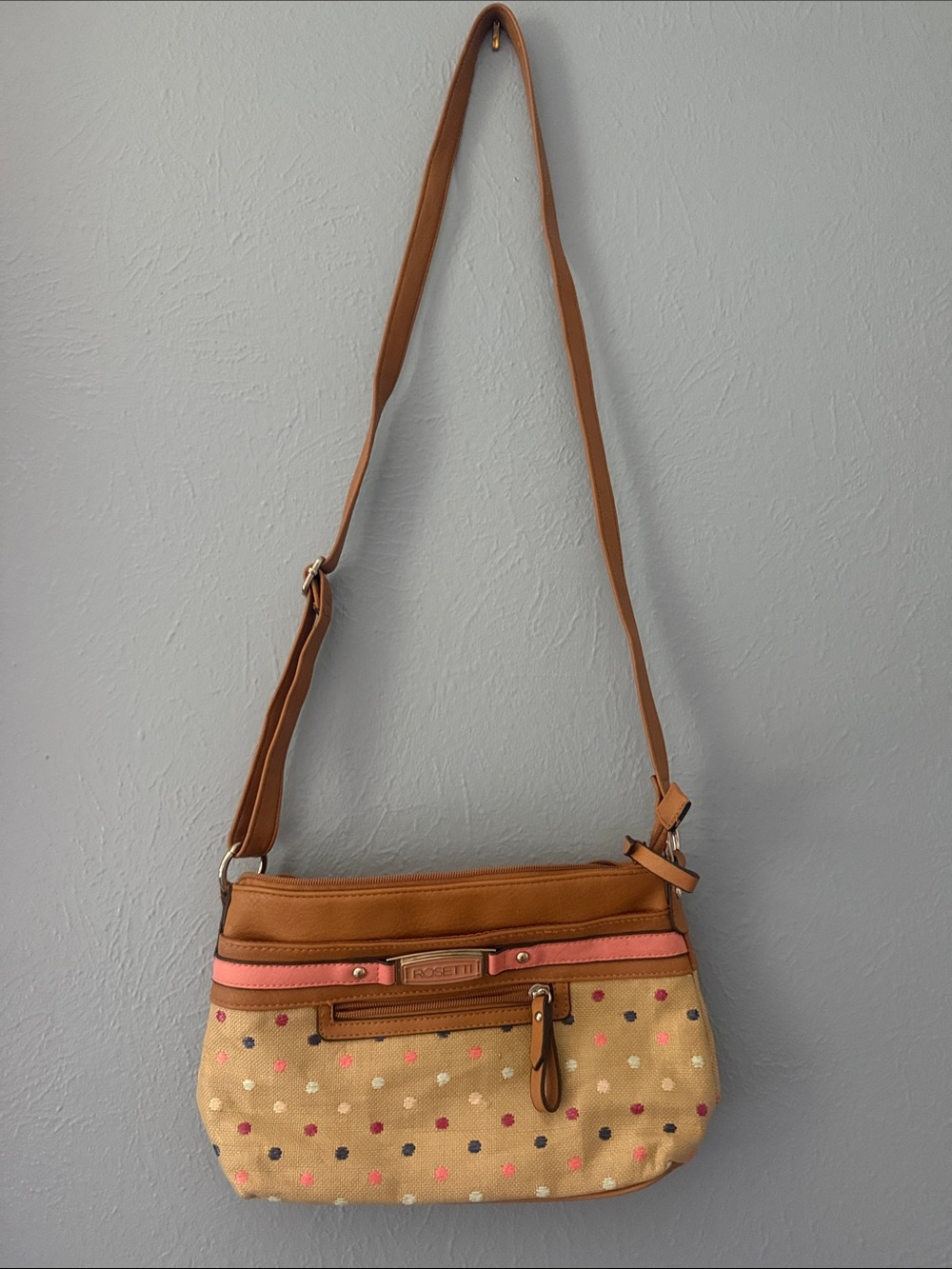 Rosetti Tan & Pink Polka Dot Crossbody Purse